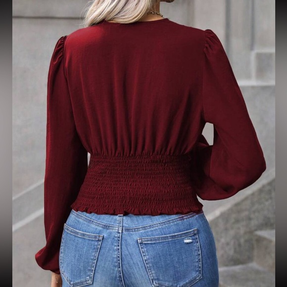 Boho Ruched Smocked Deep V Neck Long Cuff Sleeve Crop Top Blouse Shirt Burgundy - Picture 2 of 9